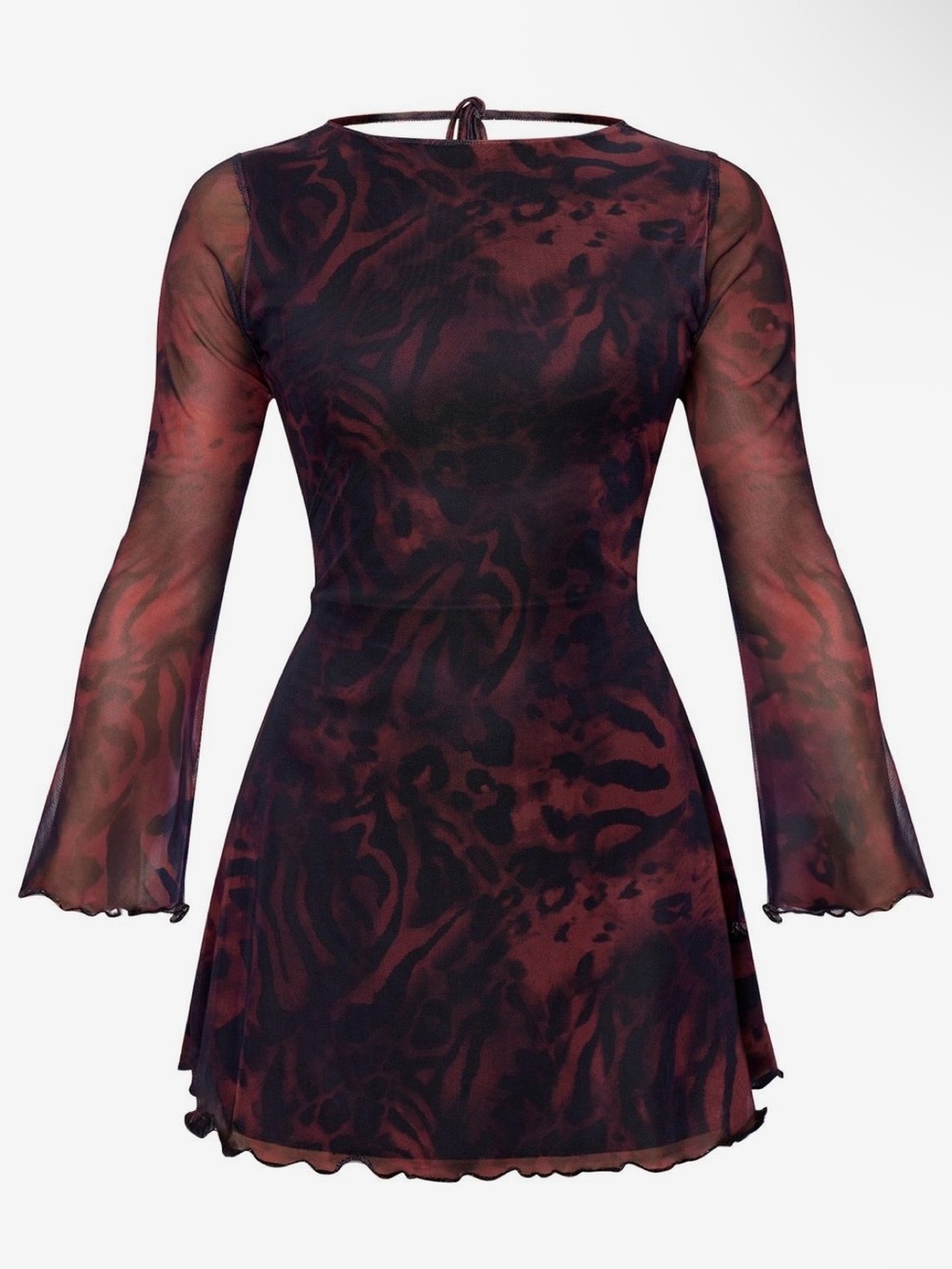 Burgundy mesh long sleeve tie back shift dress PLT